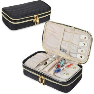 Double Layer Jewelry Organizer, Quilted Jewelry Travel Case Jewelry Black-Bag